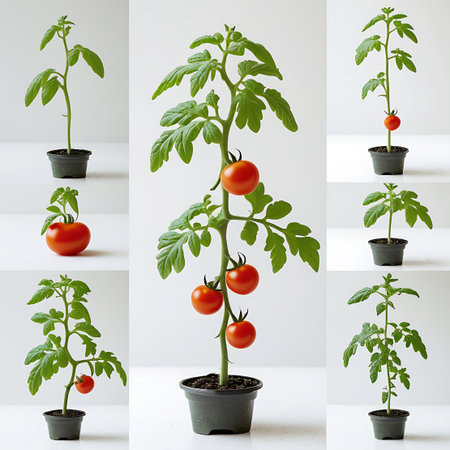 A collage of seven images featuring tomato plants in pots, showcasing different stages of growth and fruit development, on a white background.の素材