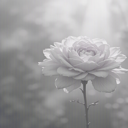 A single white rose in soft focus, with delicate petals and a gentle stem, bathed in soft light rays.の素材