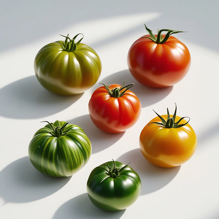 Six diverse tomatoes, including a distinctive striped variety, are displayed on a white surface with soft shadows.の素材