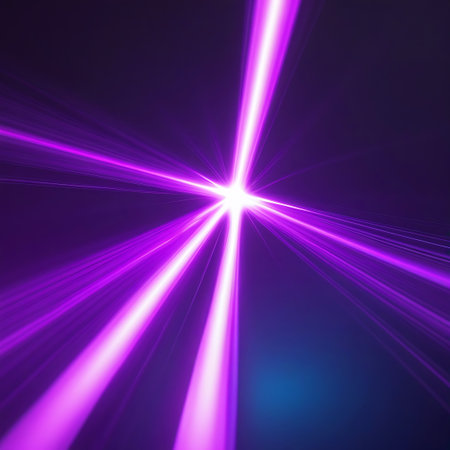 Abstract purple and white light rays bursting outwards from a bright, star-like center on a dark background.の素材