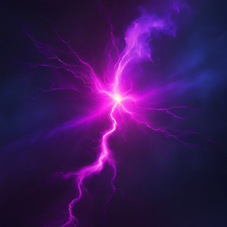 A bright pink lightning bolt cracks through a dark background, with wisps of purple haze and branching energy tendrils.の素材