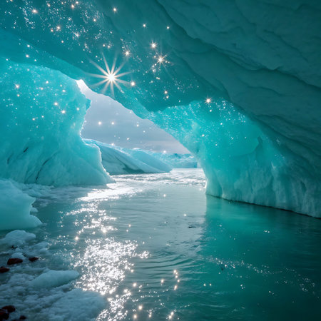 Inside a luminous ice cave, turquoise water reflects sparkling light. Ice formations create an otherworldly, magical atmosphere.の素材