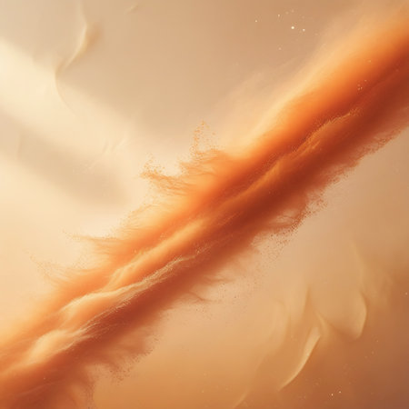 A dynamic diagonal swirl of fine orange powder and golden glitter particles against a soft, luminous background.の素材