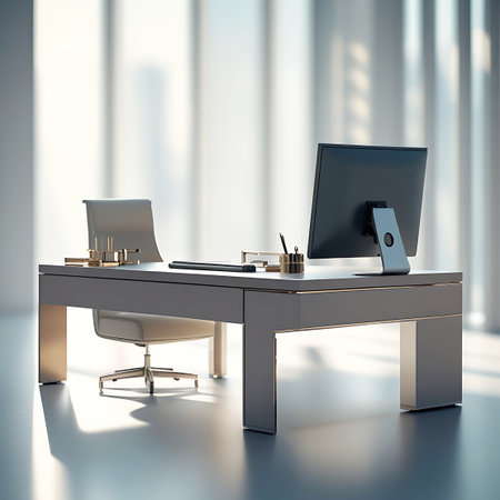 An executive office desk with a computer and chair is illuminated by soft sunlight filtering through blinds.の素材