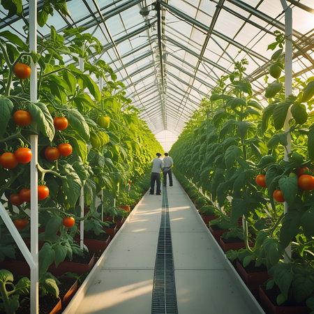 Two farmers walk down a central aisle in a lush greenhouse, with rows of healthy tomato plants stretching into the distance.の素材