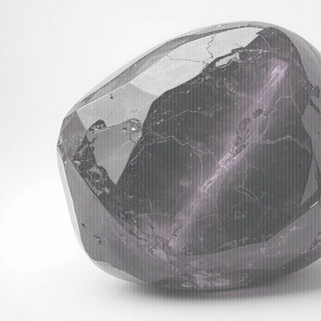 A dark, faceted gemstone with internal fractures and purple hues rests on a white background. Clear details and vibrant colors enhance visual appeal.の素材