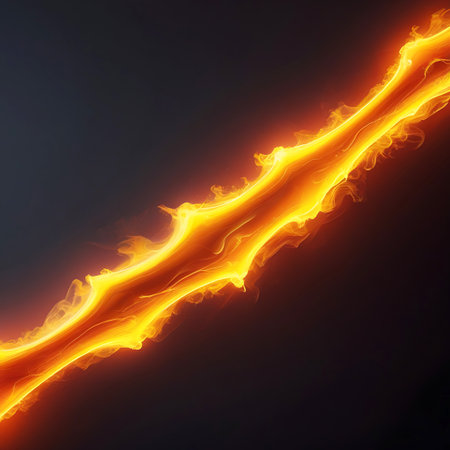 A dynamic, abstract wave of glowing orange and yellow light with fiery edges flows diagonally across a dark background.の素材