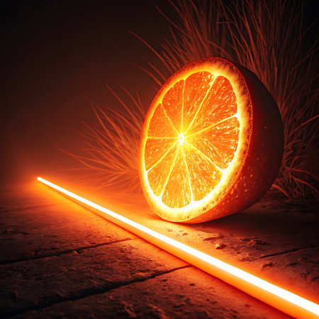 A glowing orange slice is illuminated by a bright orange neon light on a dark, textured ground. Clear details and vibrant colors enhance visual appeal.の素材