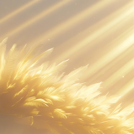 Golden light rays stream across the frame, illuminating a soft cluster of delicate white feathers in a gentle, ethereal glow.の素材