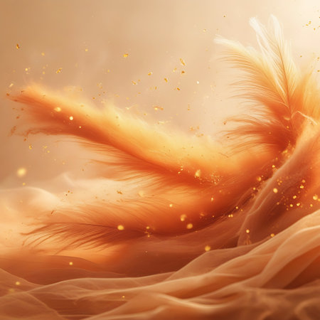 Golden glitter dust swirls dynamically around soft orange feathers, creating an abstract, luminous effect.の素材