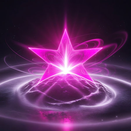 A bright pink star glows intensely, emitting light and energy over a textured purple planet surface with swirling patterns.の素材