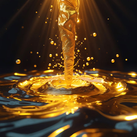 A golden liquid vortex pouring into a pool of molten gold, with splashes and droplets illuminated by bright light.の素材