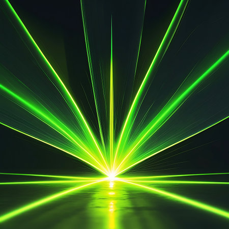 Intense green laser beams explode outwards from a bright central light source, creating a dynamic visual effect.の素材