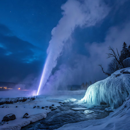 A geyser erupts dramatically at night, sending a tall plume of steam into the starry sky. Icy formations and snow cover the surrounding landscape.の素材