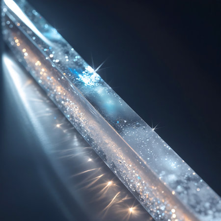 A gleaming transparent glass bar featuring internal glitter and ice-like particles, with strong light reflections and bokeh effects.の素材