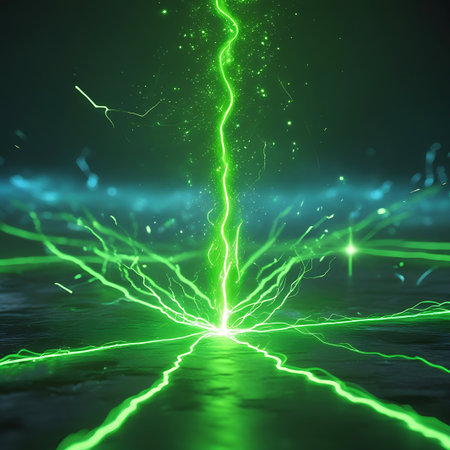 A powerful green lightning bolt erupts from a dark, reflective surface, surrounded by glowing particles and a subtle blue haze in the background.の素材