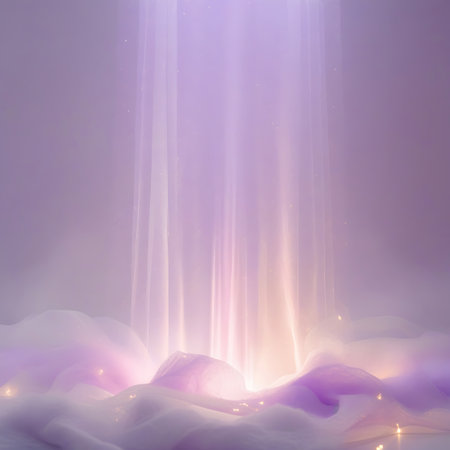 Soft light rays glow and emerge from a base of soft purple and white clouds, creating a mystical and ethereal scene.の素材