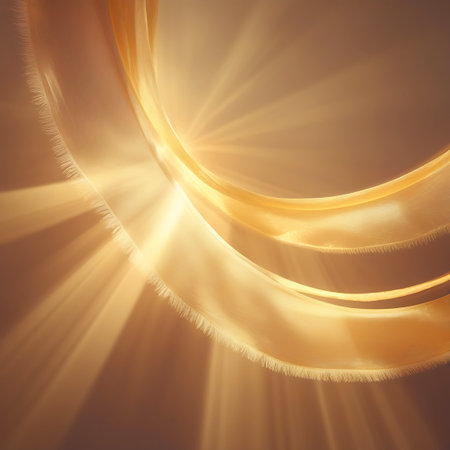Abstract golden fabric swirls with feathered edges illuminated by radiant light rays creating a soft, ethereal glow.の素材