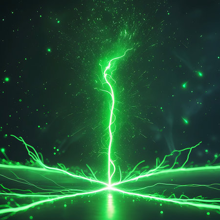 A vibrant green lightning bolt shoots upwards from a reflective surface, surrounded by sparks and glowing particles against a dark background.の素材