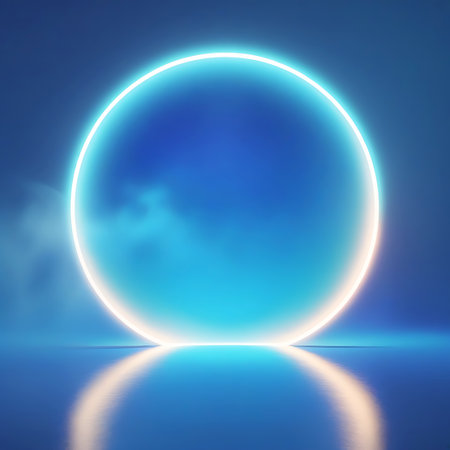 A bright white neon circle glows against a blue gradient background with subtle smoke wisps and a reflection on a wet surface.の素材