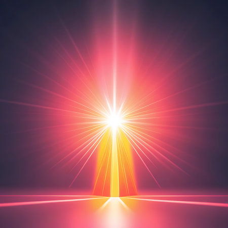 A powerful, bright white and yellow light beam shoots vertically upwards from a horizon line, illuminating a pinkish background.の素材