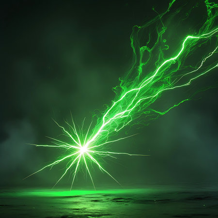 A green lightning bolt strikes a dark, textured surface, creating a bright, radial energy burst with radiating light.の素材