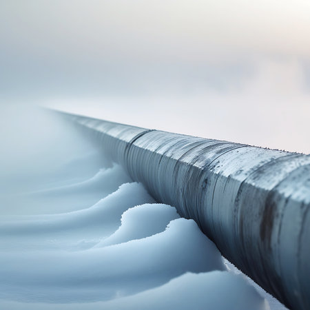 A large industrial pipeline stretches into a foggy, snow-covered landscape under a pale sky. Clear details and vibrant colors enhance visual appeal.の素材