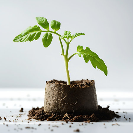 A young green plant with several leaves emerges from a small, round biodegradable pot surrounded by loose soil.の素材