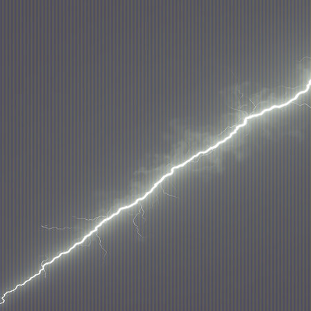 A jagged white lightning bolt cuts across a dark gray sky, suggesting an intense storm and electrical energy.の素材