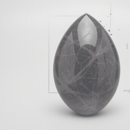 A smooth, grey, ovoid object with internal veins and cracks sits on a white background with subtle geometric lines.の素材