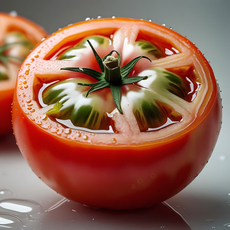A close-up of a halved red tomato, revealing its juicy green interior and glistening water droplets.の素材
