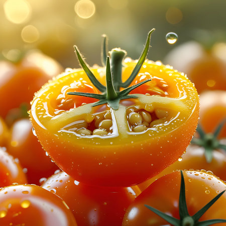 A close-up macro shot of a halved orange tomato covered in water droplets, with soft bokeh lights in the background.の素材