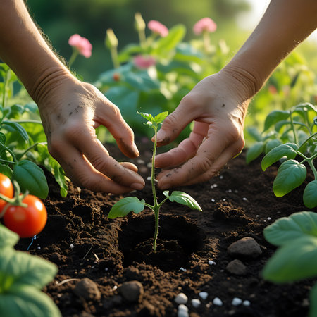 Close-up of hands gently planting a small green seedling into dark, rich soil, with tomatoes and flowers in the background.の素材