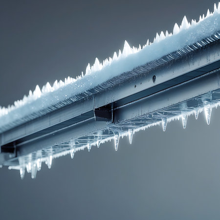 A metal structure is covered in a thick layer of ice with numerous sharp icicles hanging downwards, indicating freezing conditions.の素材