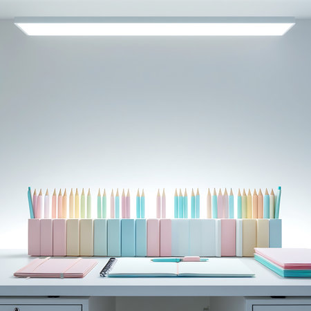Pastel colored pencils and notebooks are neatly arranged on a white desk, illuminated by a bright overhead light, creating a clean and organized workspace.の素材