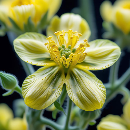 A macro photograph of a delicate yellow flower, highlighting its intricate structure, prominent stamens, and surrounding unopened buds.の素材