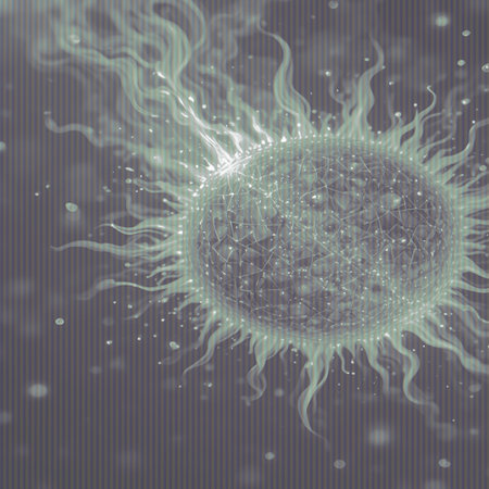 A luminous, green, spherical cell structure with intricate internal patterns and radiating tendrils, surrounded by small glowing particles.の素材