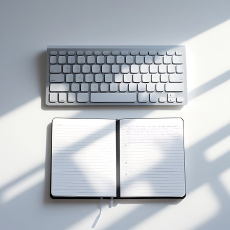 Top-down view of a modern silver computer keyboard placed above an open notebook with lined pages filled with handwritten notes.の素材