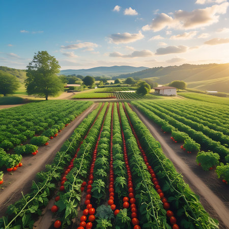 Aerial view of a vibrant farm with rows of green crops and tomato plants, set against a backdrop of rolling hills and a bright, cloudy sky.の素材