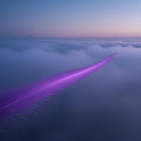 A single purple feather floats gracefully above a sea of soft, ethereal clouds during twilight, with a gradient of pink and blue in the sky.の素材