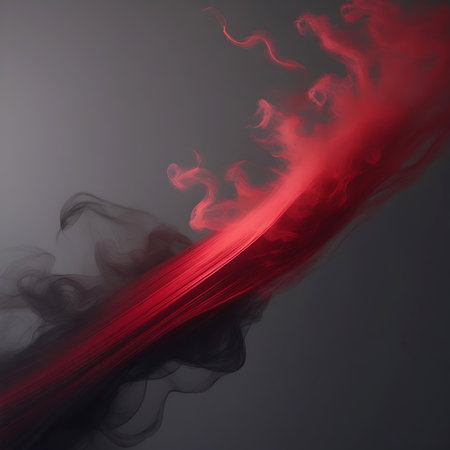 Red and black smoke streaks move dynamically across a dark gray background, creating a sense of energy and motion.の素材
