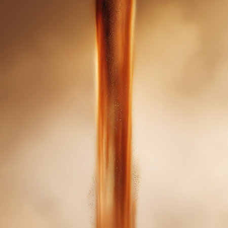 A vertical stream of fine, golden-brown sand pouring downwards, creating an abstract, flowing texture.の素材