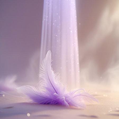 Delicate purple feathers lie on a soft surface, illuminated by a gentle beam of light with scattered sparkles.の素材