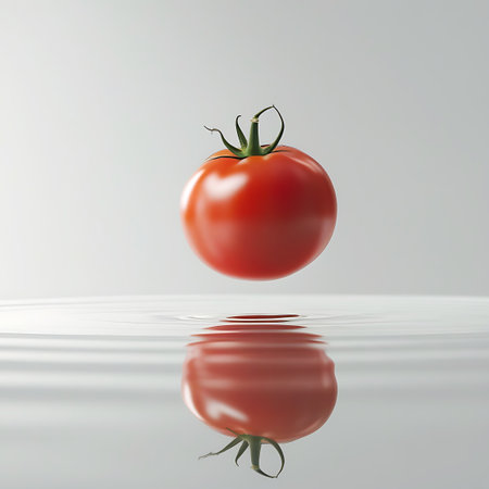 A single ripe red tomato levitates above a rippling water surface, casting a clear reflection. Clear details and vibrant colors enhance visual appeal.の素材