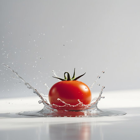 A vibrant red tomato splashes into clear water, creating dynamic ripples and airborne droplets against a clean white background.の素材