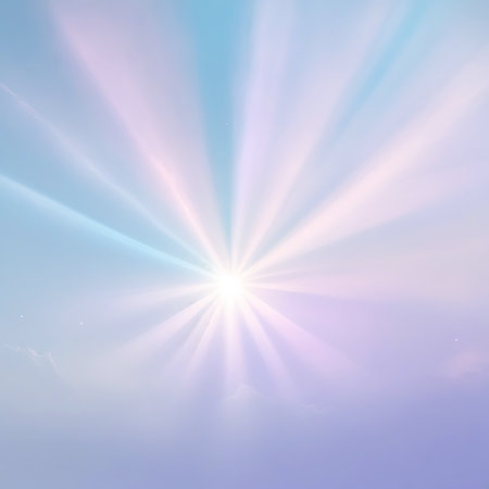 A bright starburst of light emanates in soft blue and purple hues, with hints of clouds and sparkles in the background.の素材