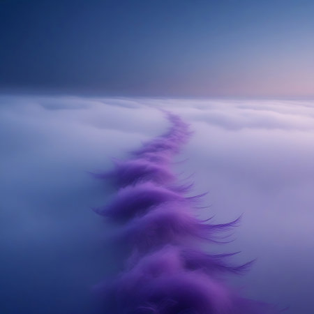 A surreal purple feather-like trail winds through a sea of soft clouds towards a pastel horizon at dusk.の素材