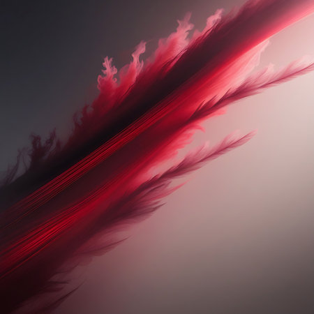 Red smoke forms delicate, feather-like tendrils that stream across a soft gradient background, creating an organic abstract design.の素材