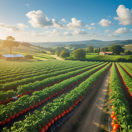 Aerial view of a farm field with rows of tomato plants bearing ripe red tomatoes, stretching towards rolling hills under a sunny blue sky.の素材