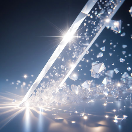 Sharp, translucent crystal shards and diamond fragments are scattered, illuminated by bright light rays and sparkling effects.の素材